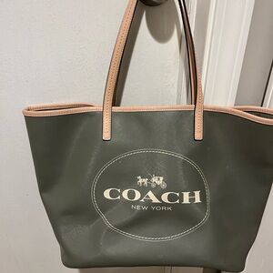 Coach Green Tote with Leather Trim and Structured Design